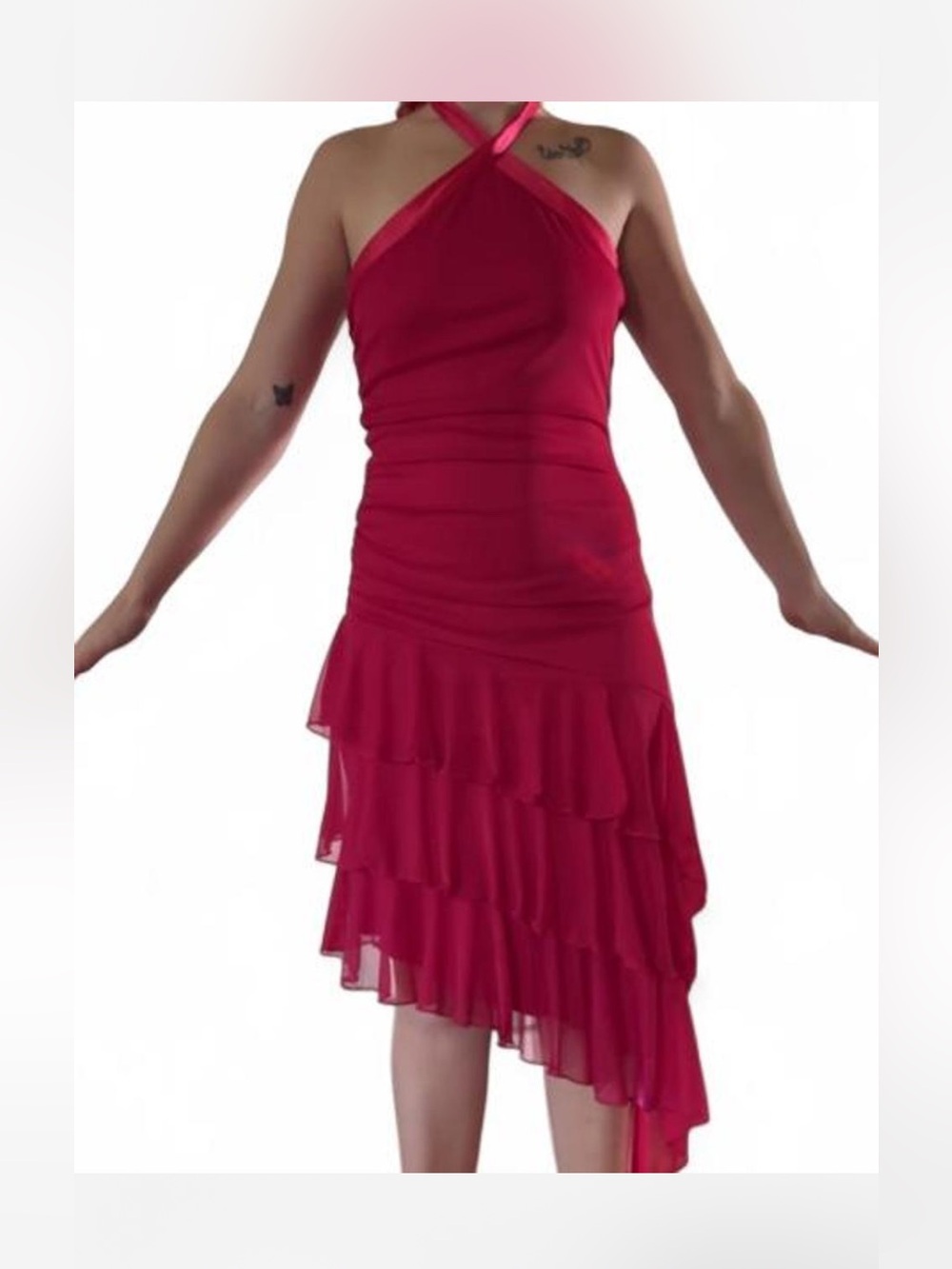 Vintage Y2K Asymmetric Ruffle Halter Dress - pink